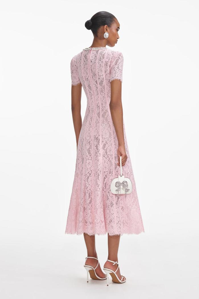 Rhinestone Faux Pearl Lace  Midi Dress