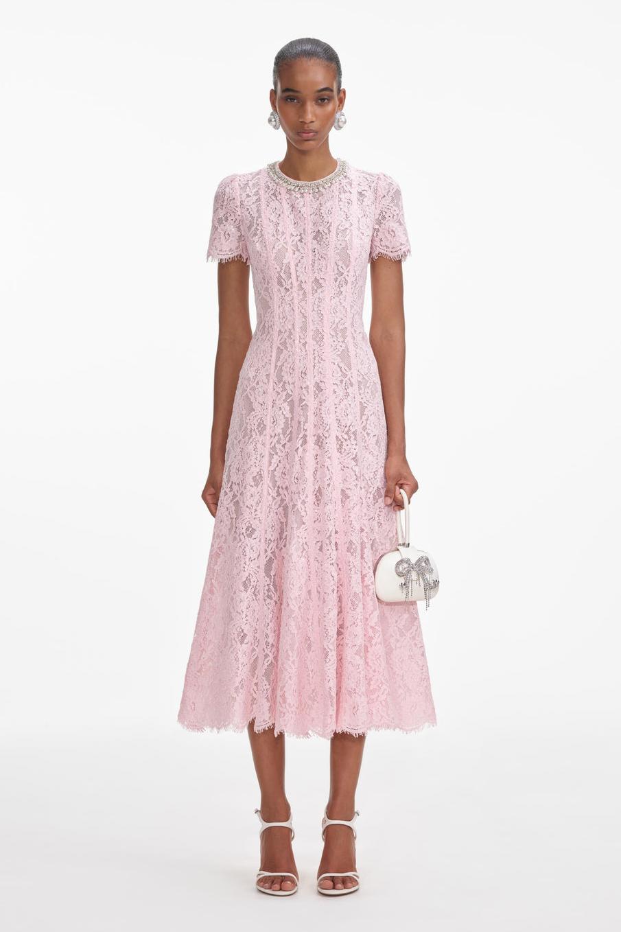 Rhinestone Faux Pearl Lace  Midi Dress