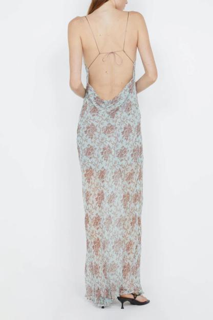 Floral Swing Collar Backless Maxi Dress