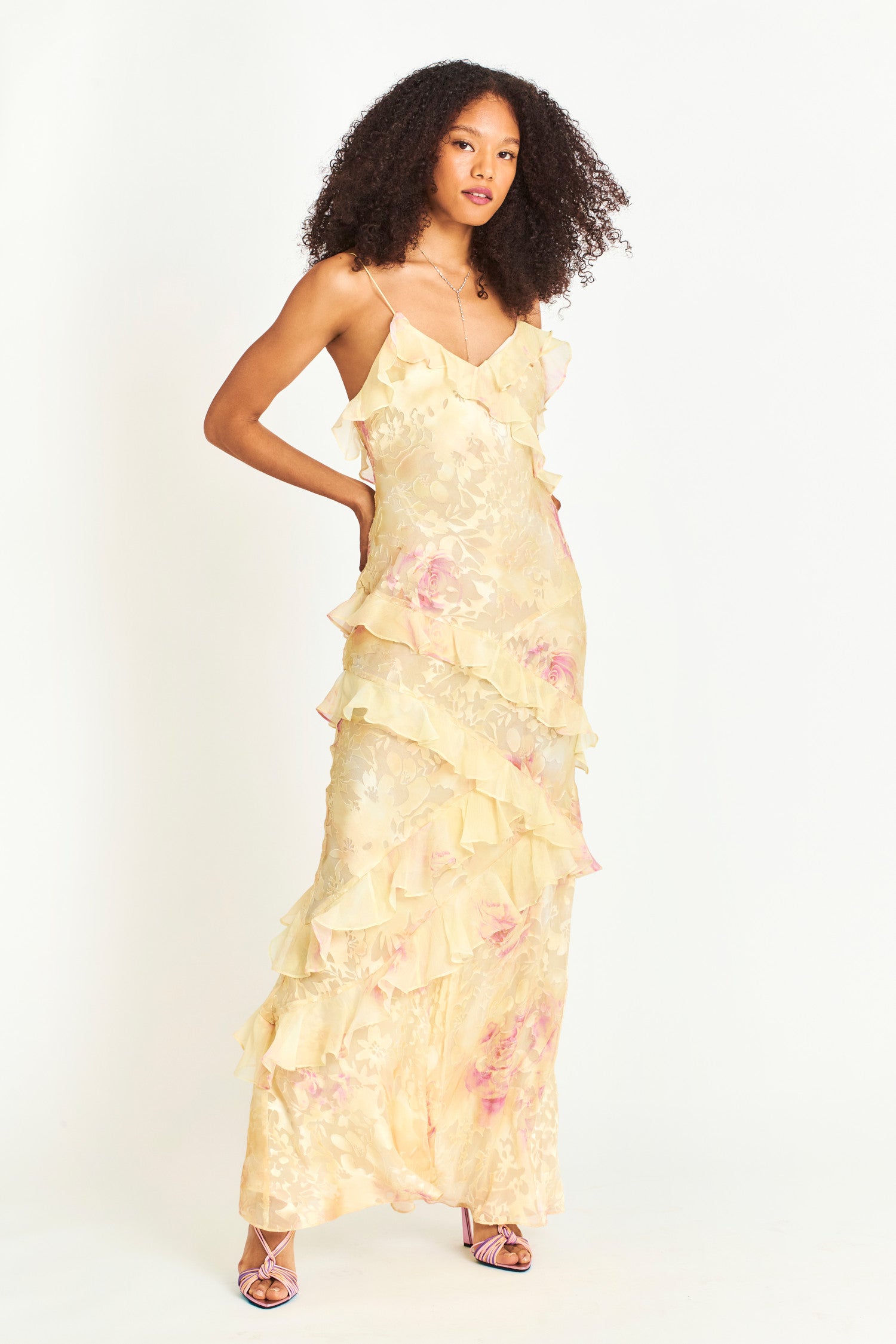 Floral Frill Sweetheart Neck Sleeveless Maxi Dress