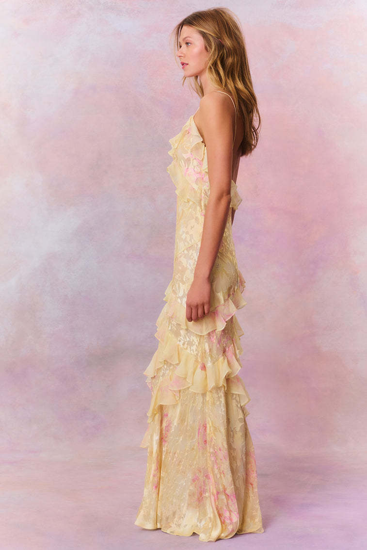 Floral Frill Sweetheart Neck Sleeveless Maxi Dress