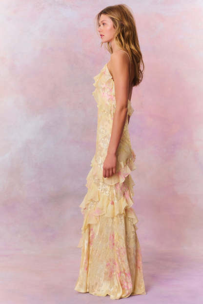 Floral Frill Sweetheart Neck Sleeveless Maxi Dress