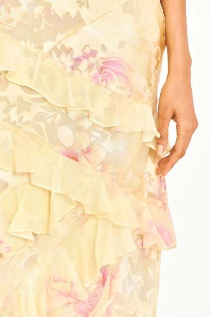 Floral Frill Sweetheart Neck Sleeveless Maxi Dress