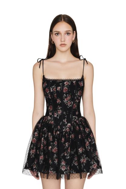 Mesh Floral Lace Edge Polka Dot Mini Dress