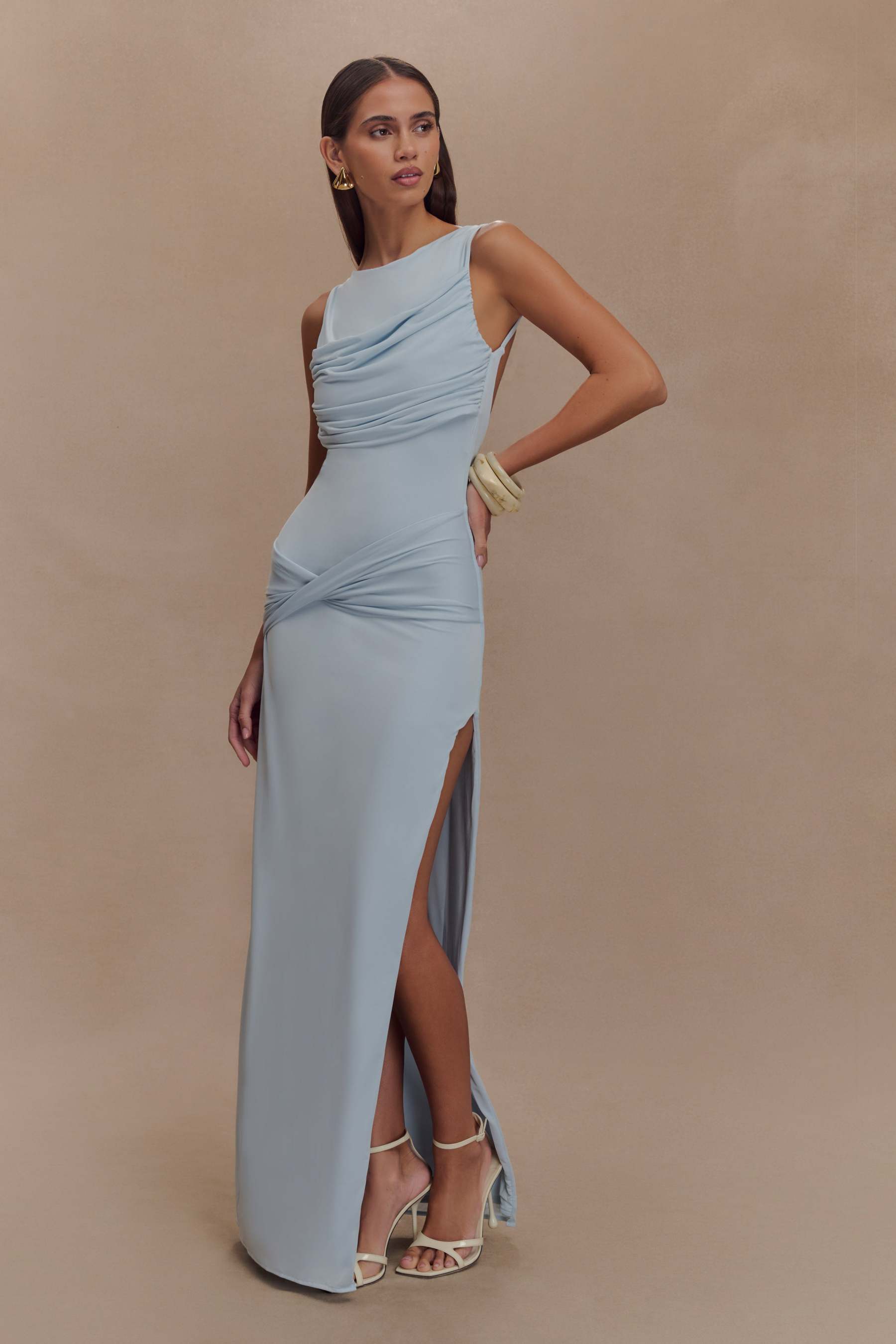 Solid Gathering Split Maxi Dress