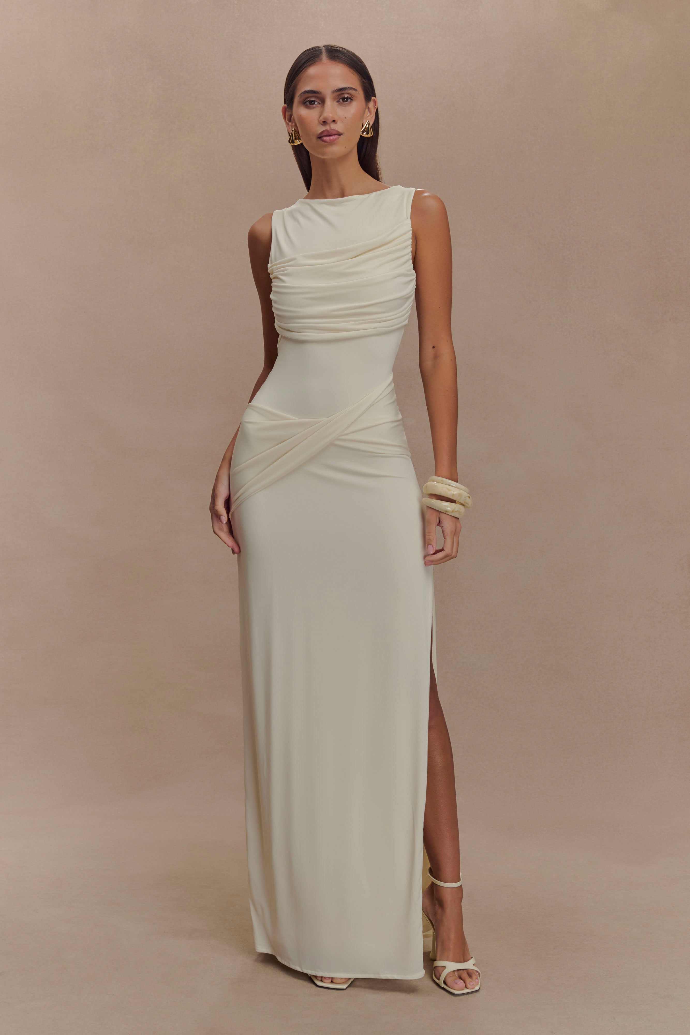 Solid Gathering Split Maxi Dress