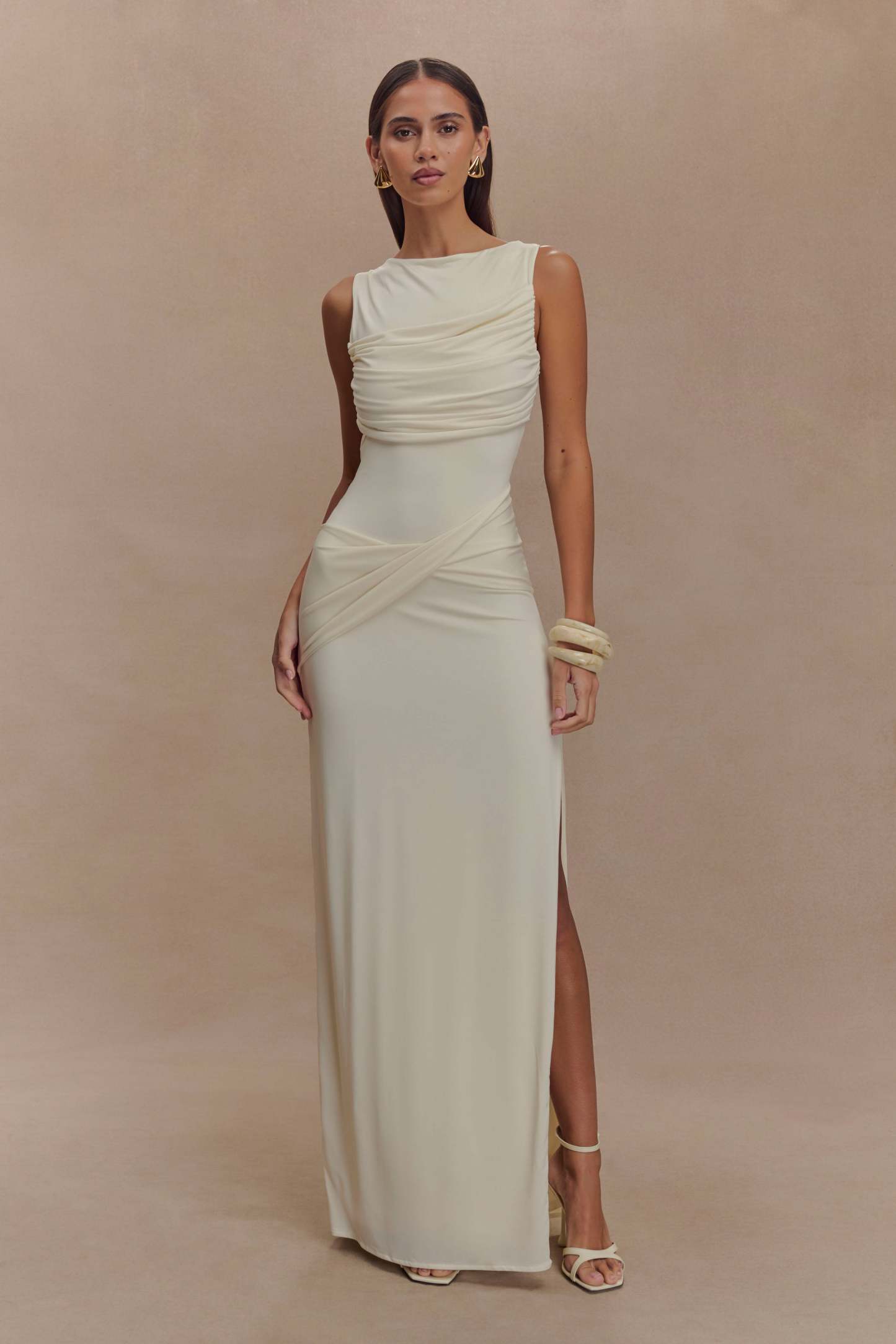 Solid Gathering Split Maxi Dress
