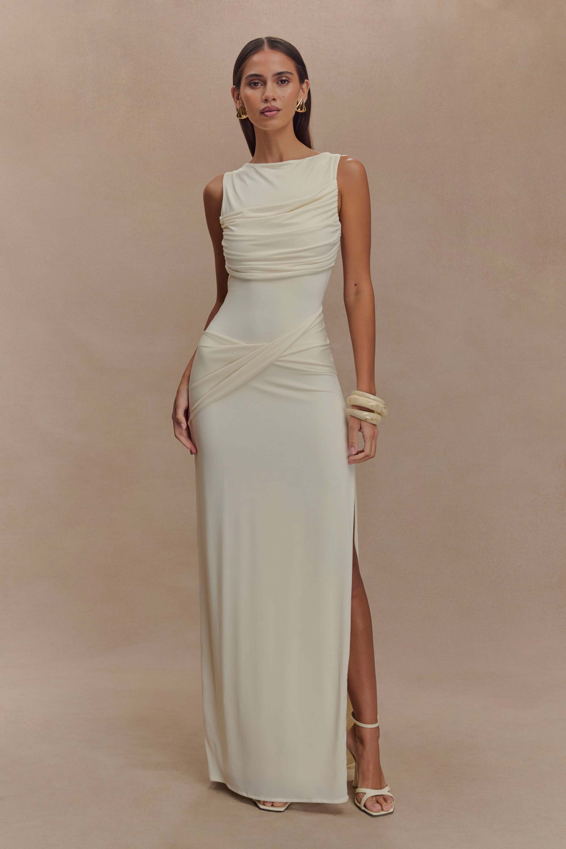 Solid Gathering Split Maxi Dress