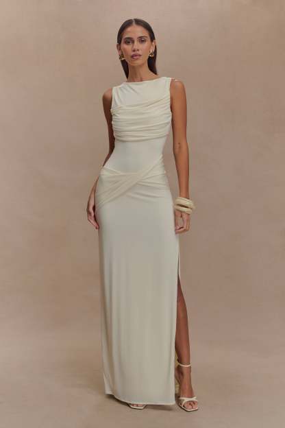Solid Gathering Split Maxi Dress