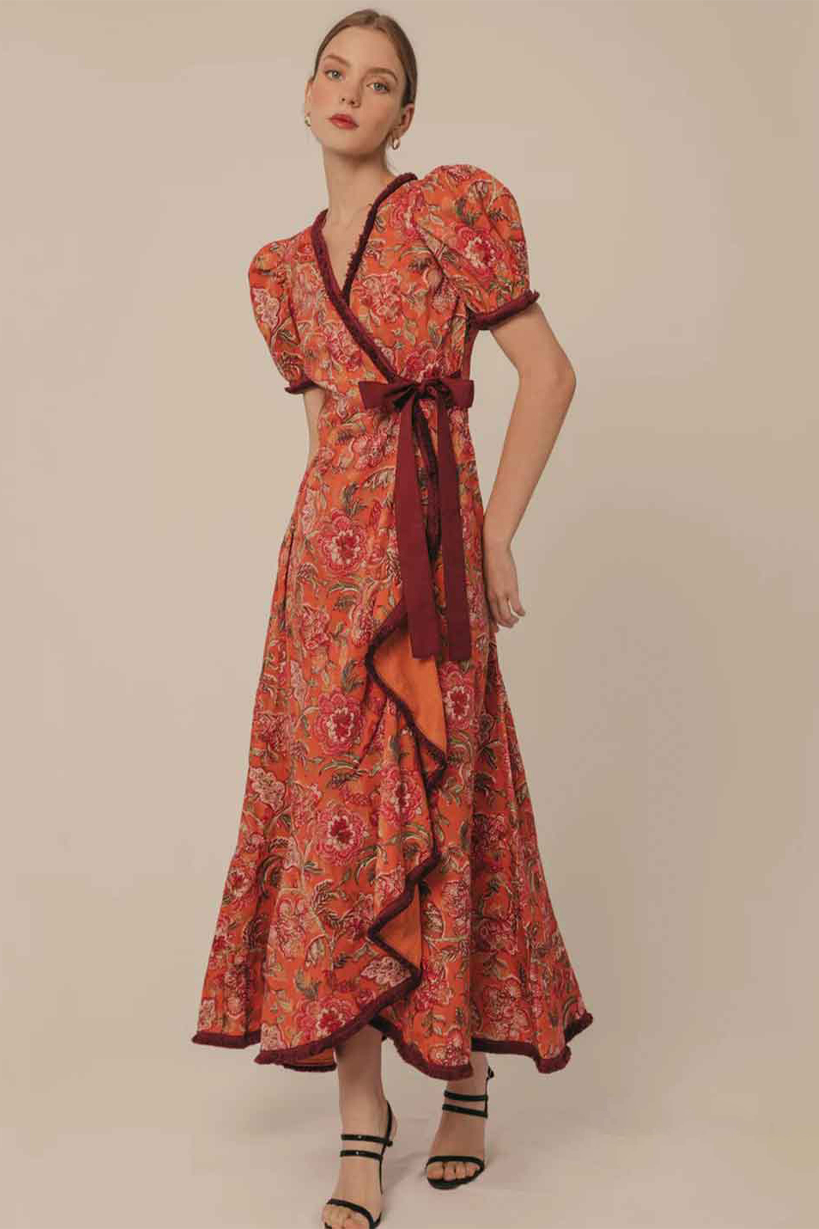 Floral Tassel Puff Sleeve Midi Wrap Dress