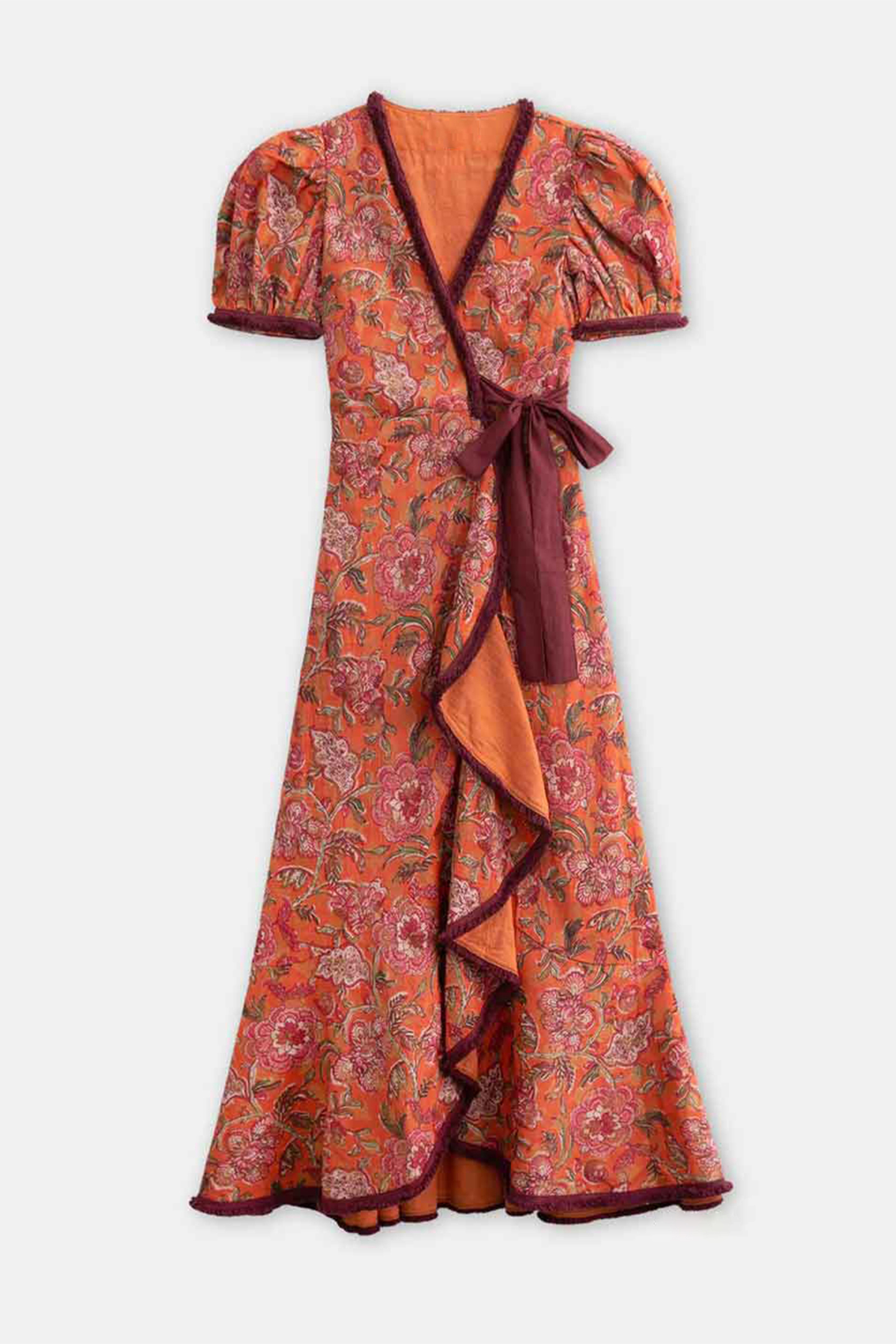 Floral Tassel Puff Sleeve Midi Wrap Dress