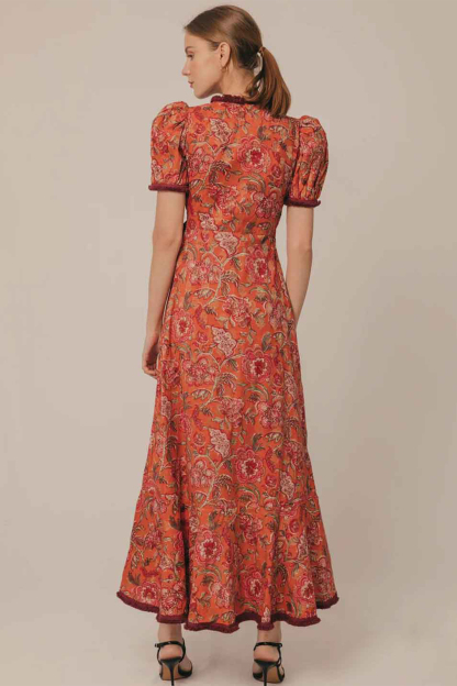 Floral Tassel Puff Sleeve Midi Wrap Dress