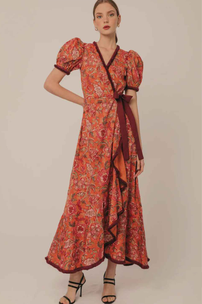Floral Tassel Puff Sleeve Midi Wrap Dress