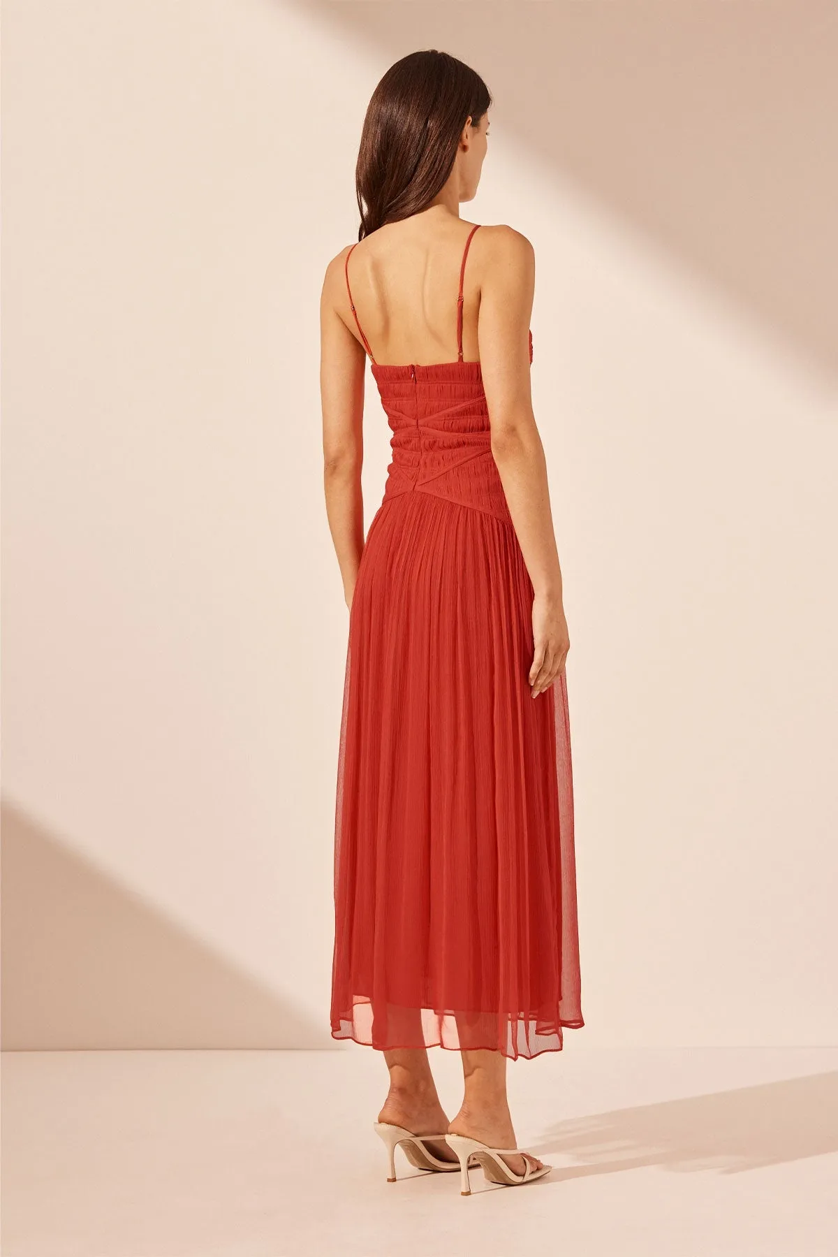Chiffon Solid Smocking Midi Dress