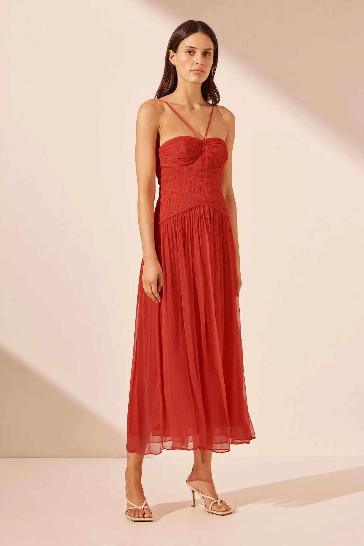Chiffon Solid Smocking Midi Dress