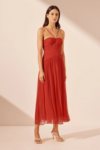 Chiffon Solid Smocking Midi Dress