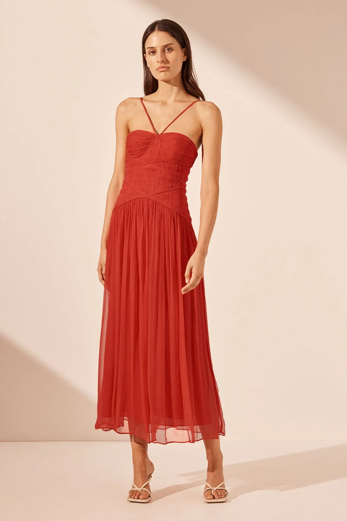 Chiffon Solid Smocking Midi Dress