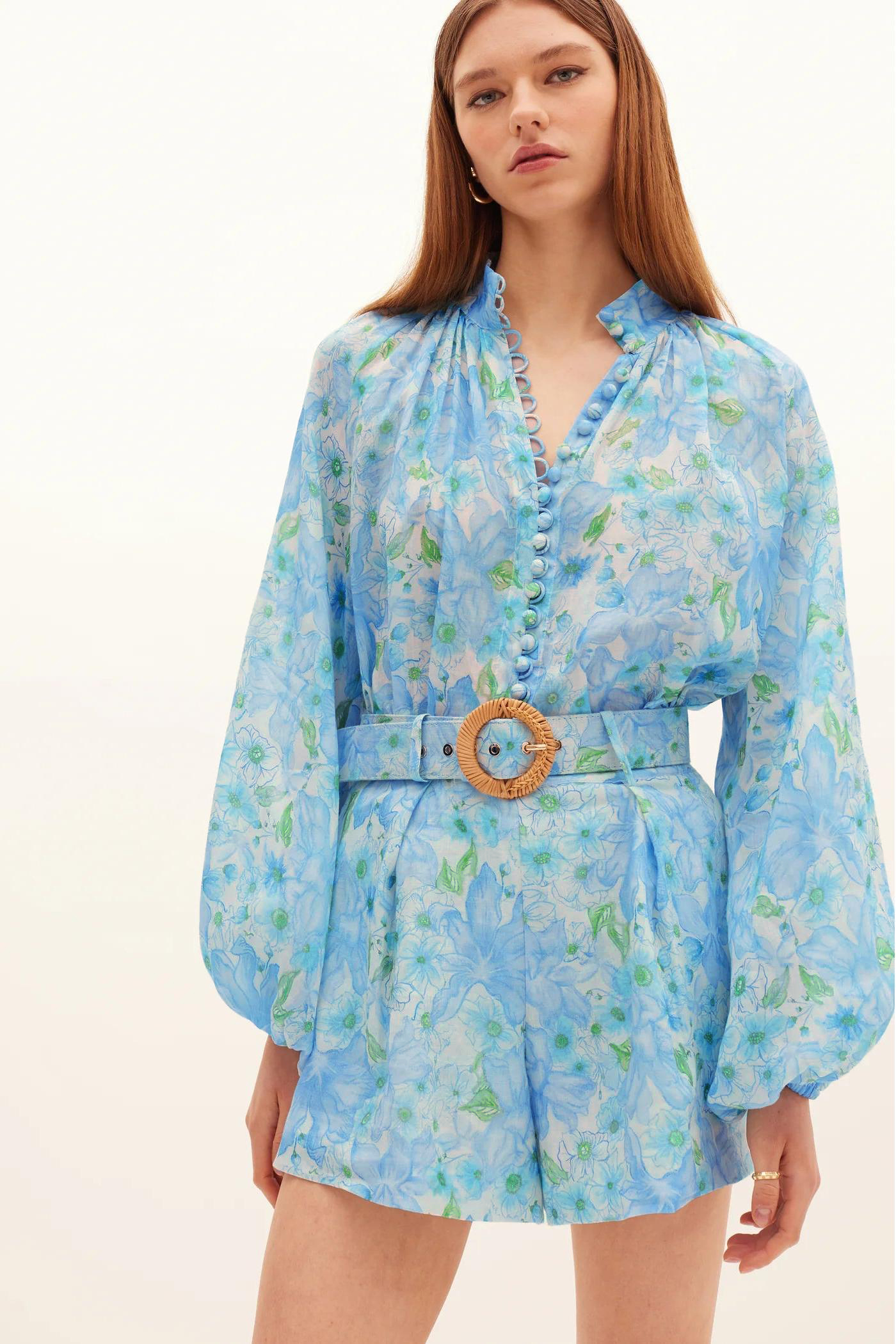 Floral Single Breasted Stand Collar Top & High Waist Pants With Belt Set