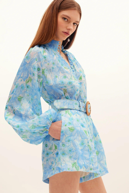 Floral Single Breasted Stand Collar Top & High Waist Pants With Belt Set