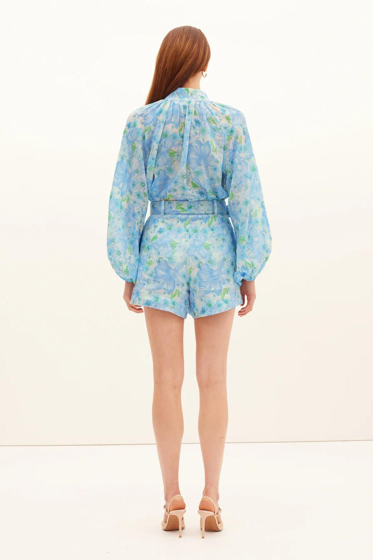 Floral Single Breasted Stand Collar Top & High Waist Pants With Belt Set