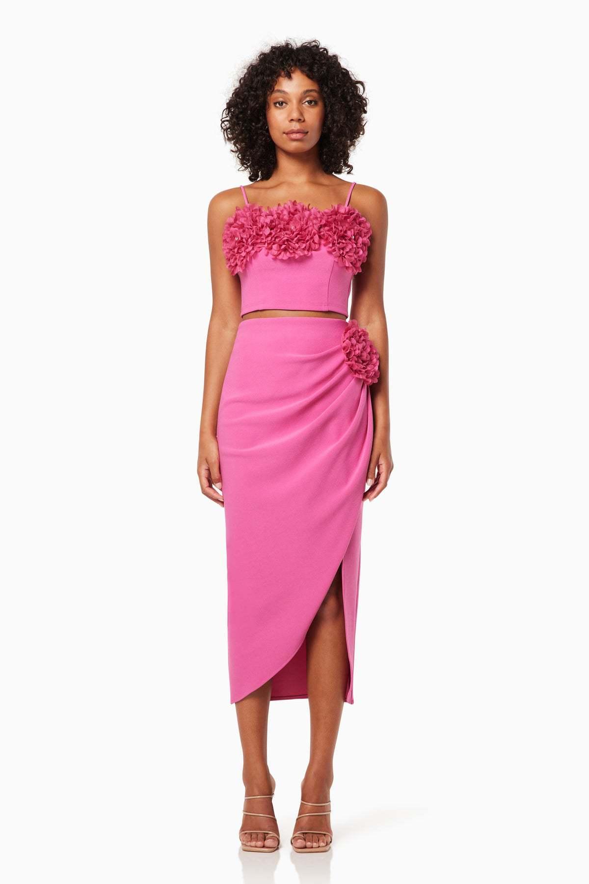 Solid 3D Flower Sleeveless Top &Split Hight Waist Skirt Set