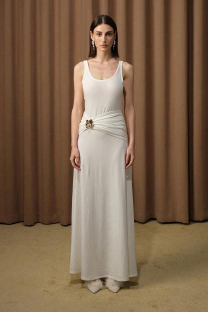 Solid Metal Flower Sleeveless Maxi Dress