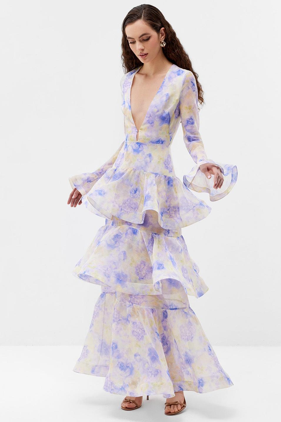 Floral Ruffle Bell Sleeve Maxi Dress