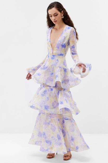 Floral Ruffle Bell Sleeve Maxi Dress