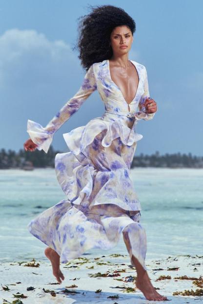 Floral Ruffle Bell Sleeve Maxi Dress