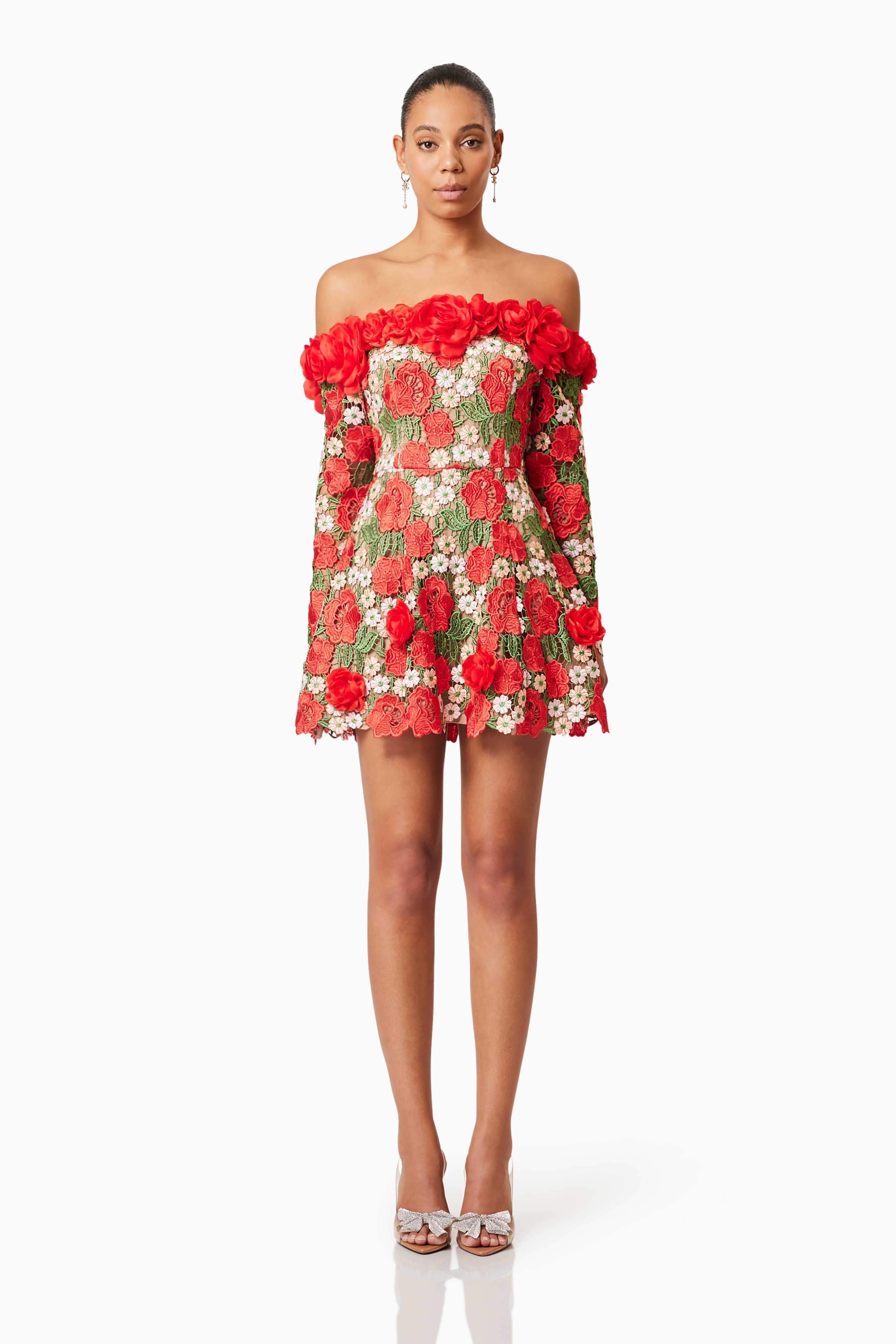 3D Flower Embroidered Off Shoulder Mini Dress