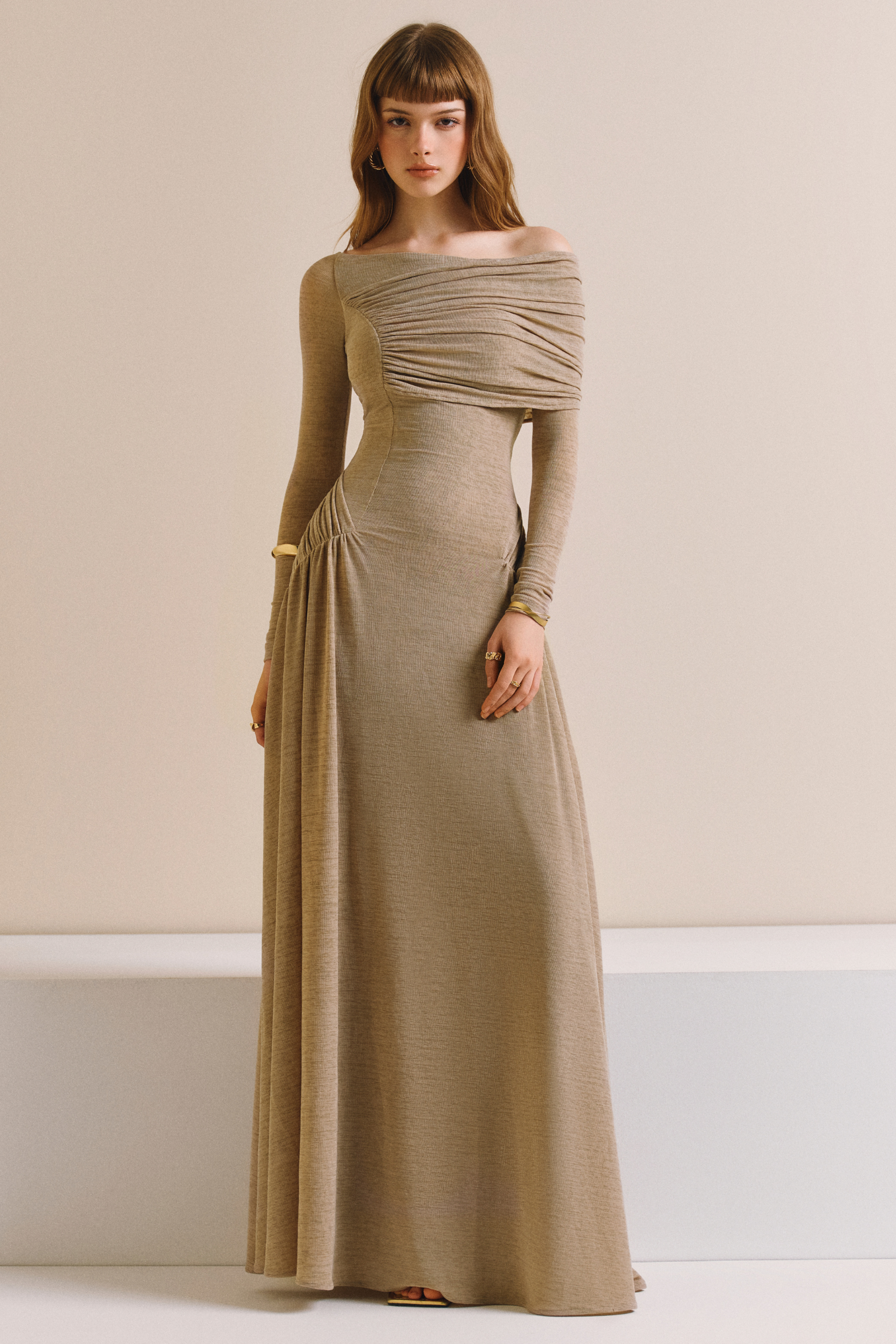 Jersey Gathering Long Sleeve Midi Dress