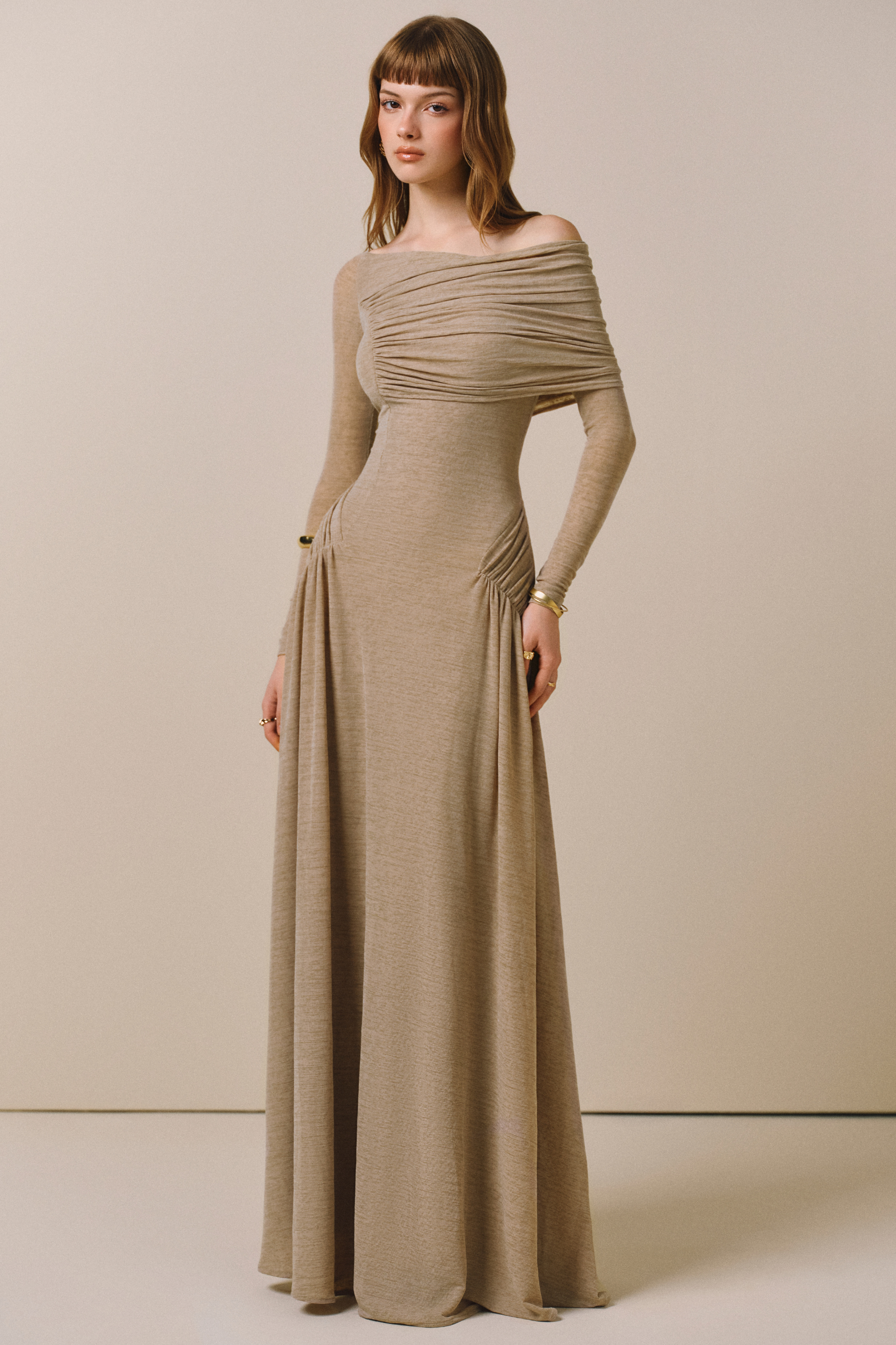 Jersey Gathering Long Sleeve Midi Dress