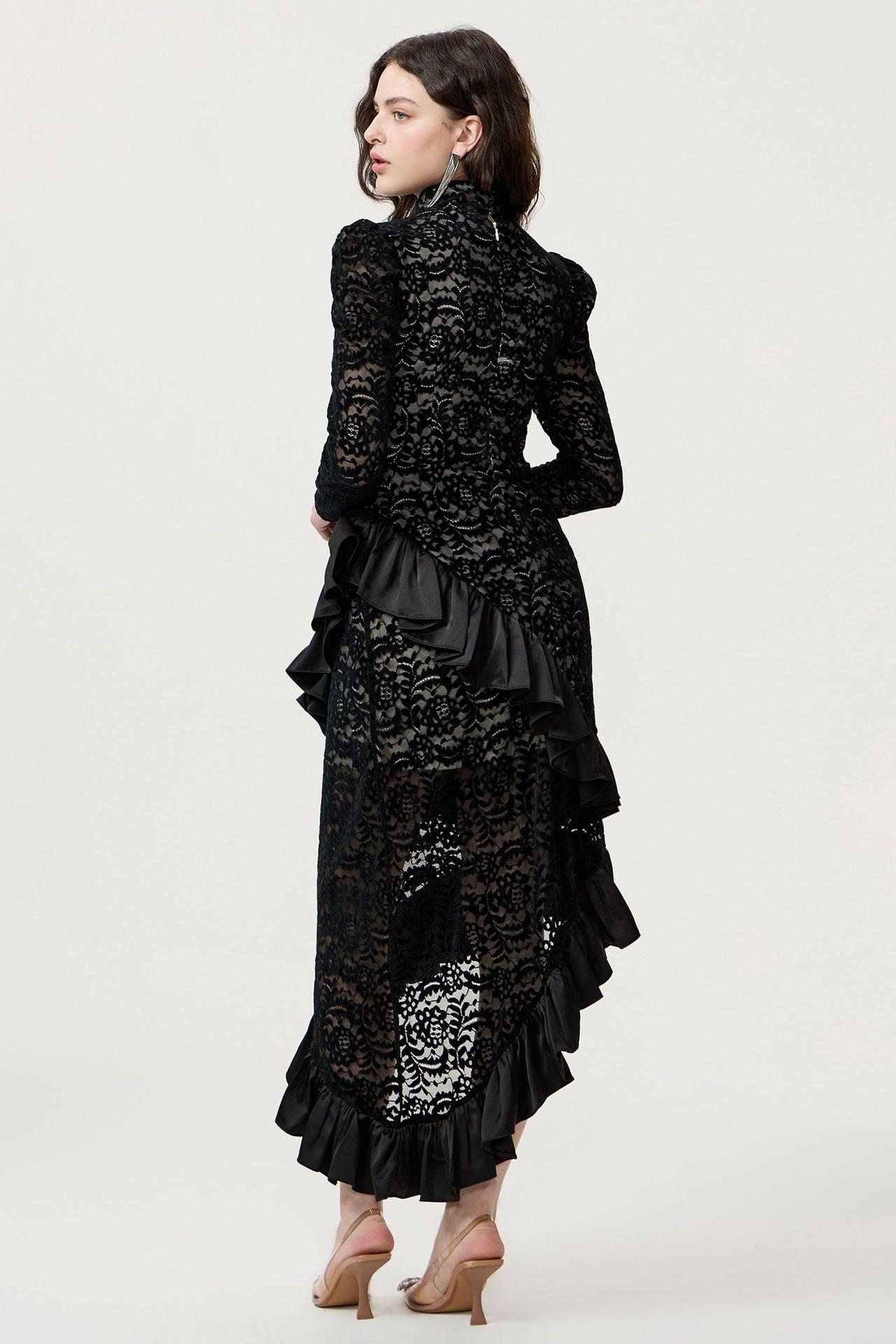 Flock Lace Ruffle Long Sleeve Midi Dress