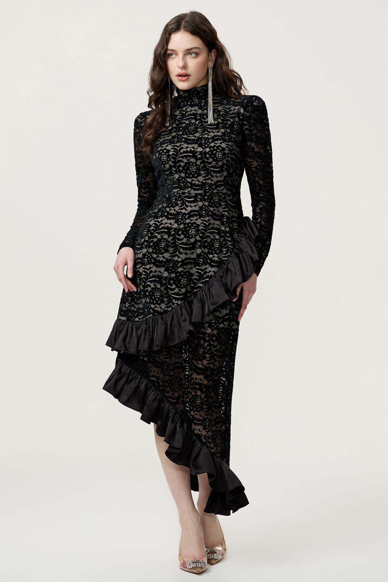 Flock Lace Ruffle Long Sleeve Midi Dress