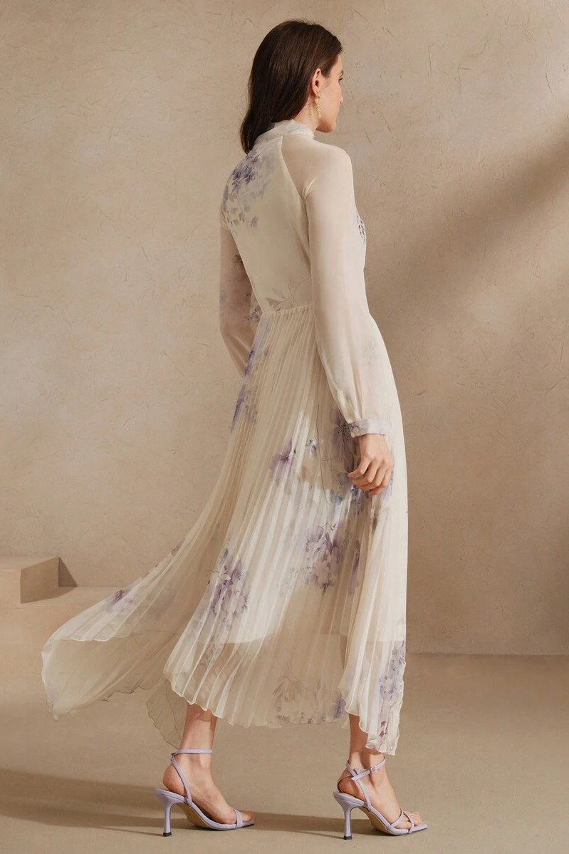 Floral Pleated Lace-Up Midi Dress