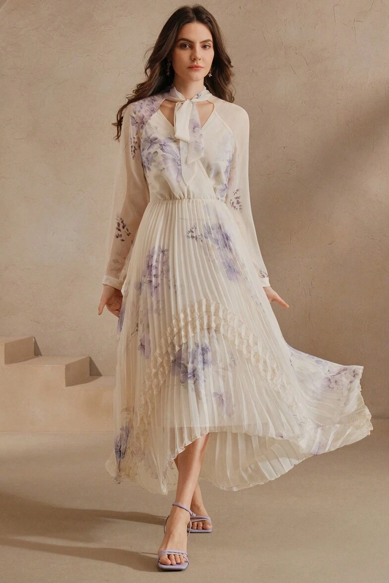 Floral Pleated Lace-Up Midi Dress