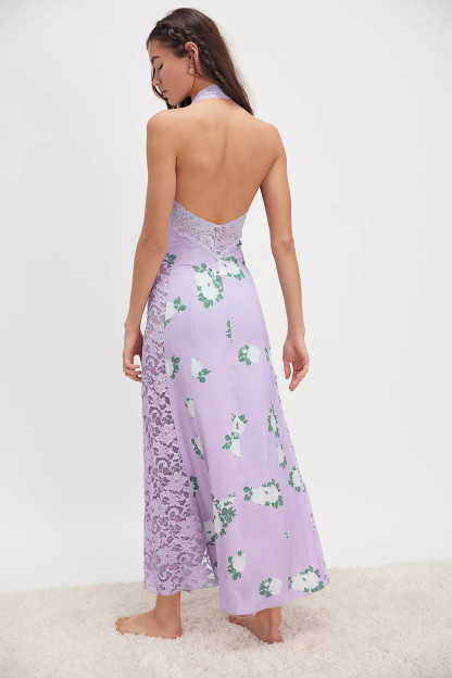 Floral Splicing Lace Halter Neck Midi Dress
