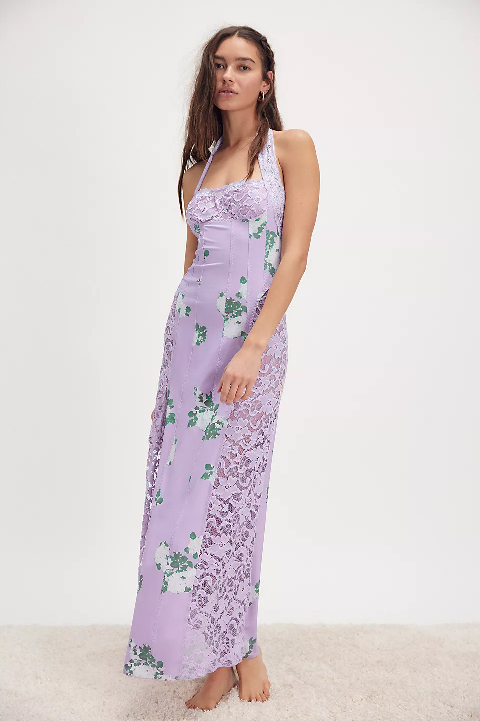 Floral Splicing Lace Halter Neck Midi Dress