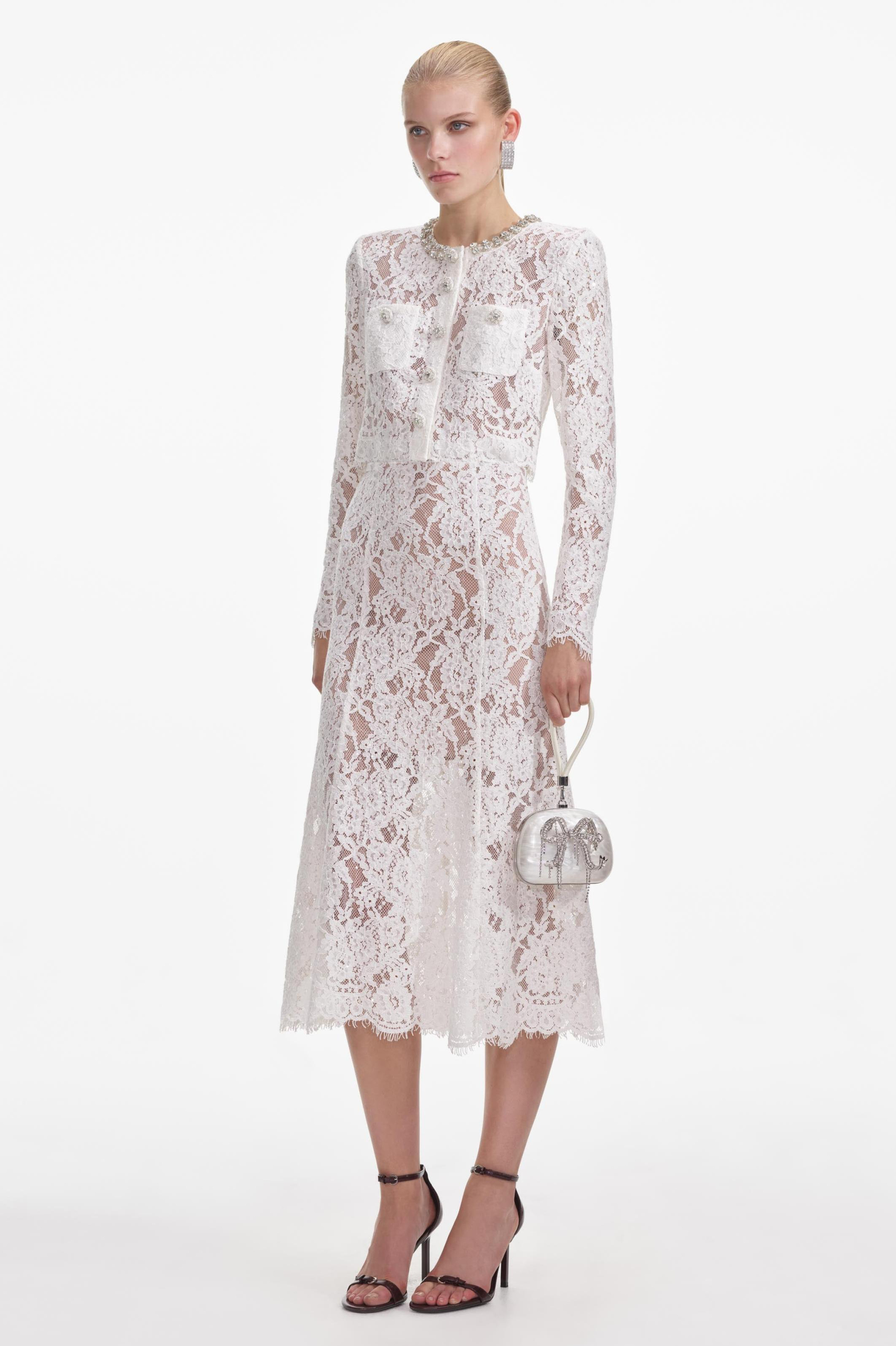 Lace Sequin Rhinestone Long Sleeve Top & Hight Waist Midi Skirt Set