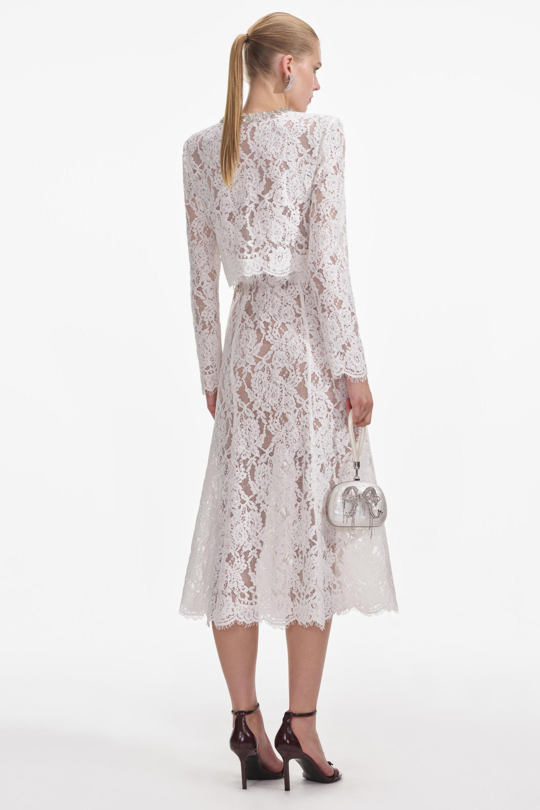 Lace Sequin Rhinestone Long Sleeve Top & Hight Waist Midi Skirt Set