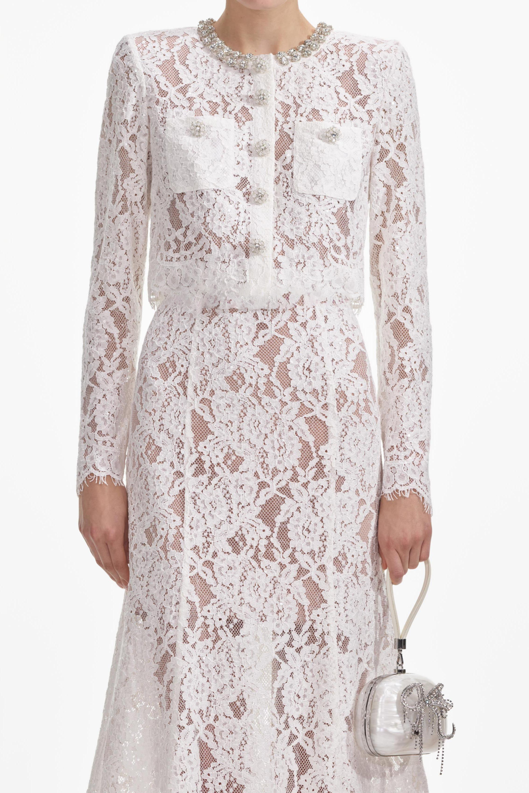 Lace Sequin Rhinestone Long Sleeve Top & Hight Waist Midi Skirt Set