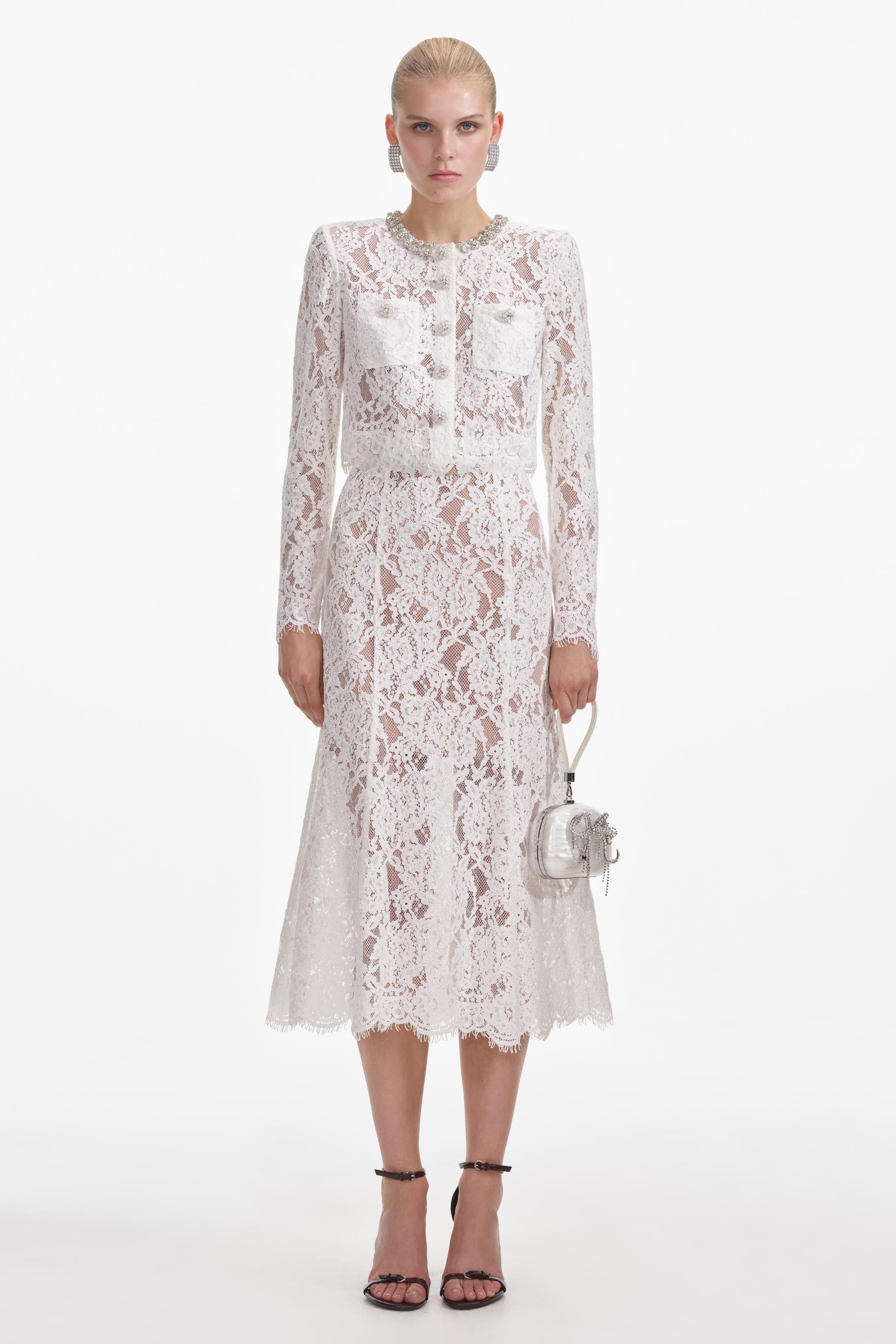 Lace Sequin Rhinestone Long Sleeve Top & Hight Waist Midi Skirt Set