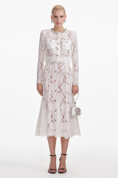 Lace Sequin Rhinestone Long Sleeve Top & Hight Waist Midi Skirt Set
