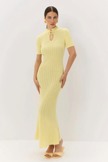 Jersey Lace-Up Stand Collar Maxi Dress