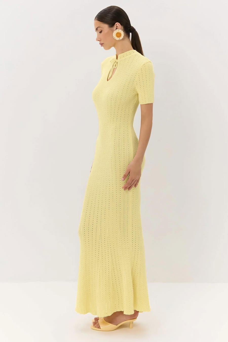 Jersey Lace-Up Stand Collar Maxi Dress