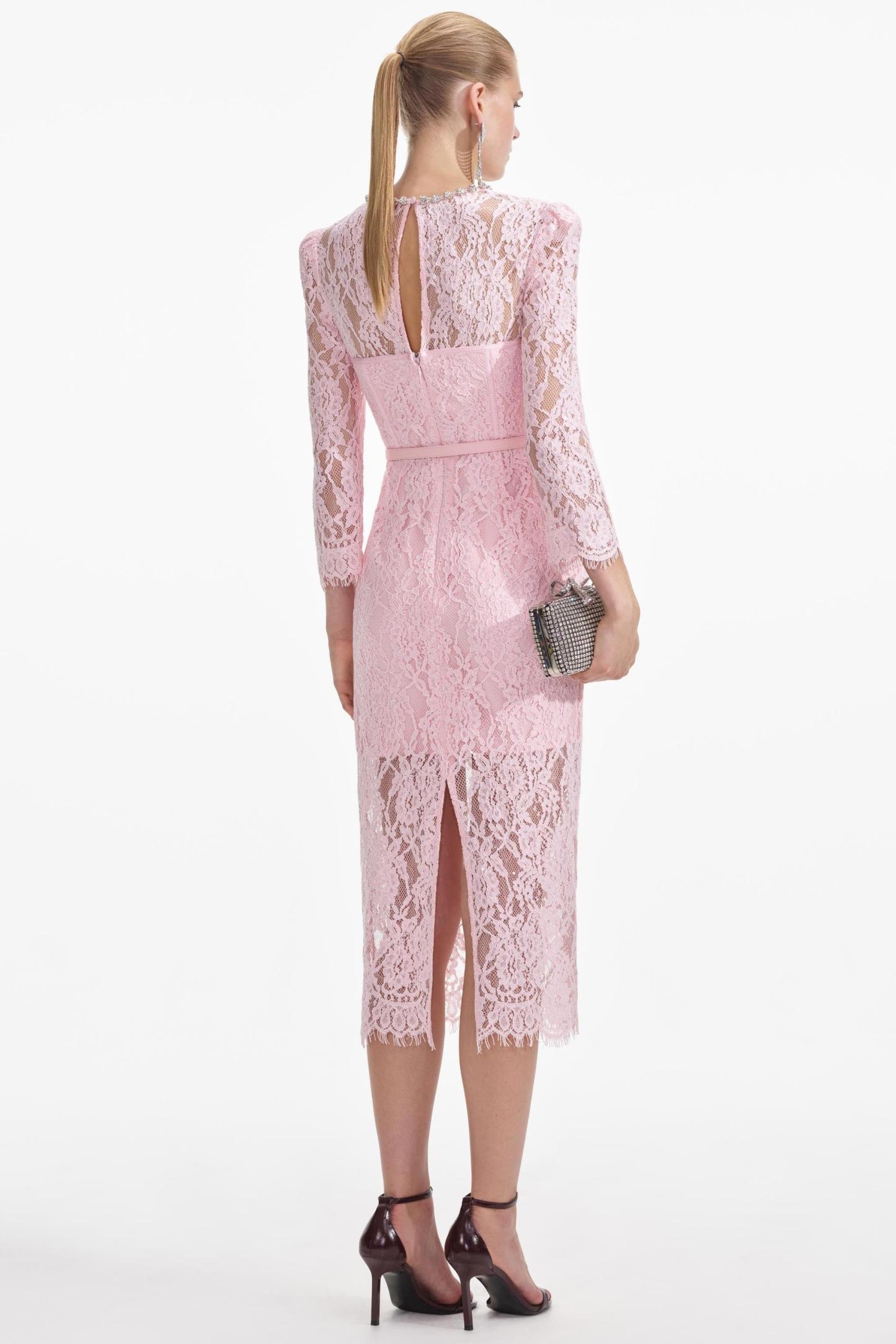 Lace Rhinestone Midi Dress With Belt