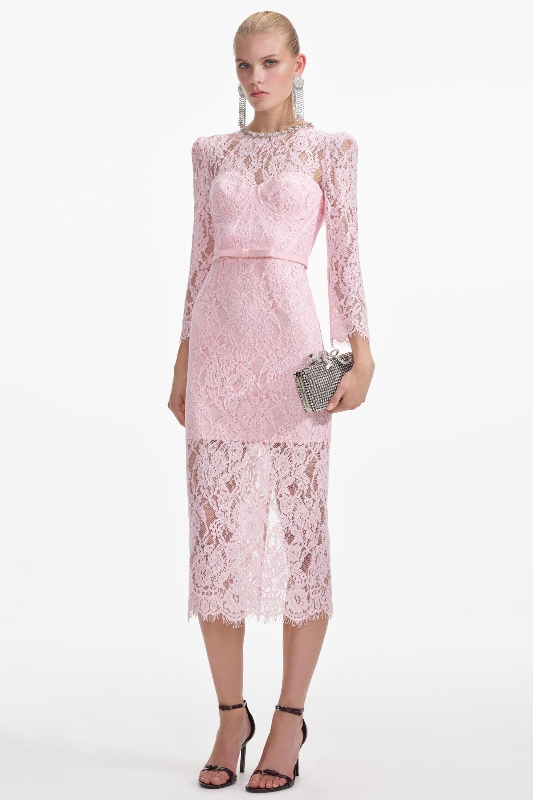 Lace Rhinestone Midi Dress With Belt