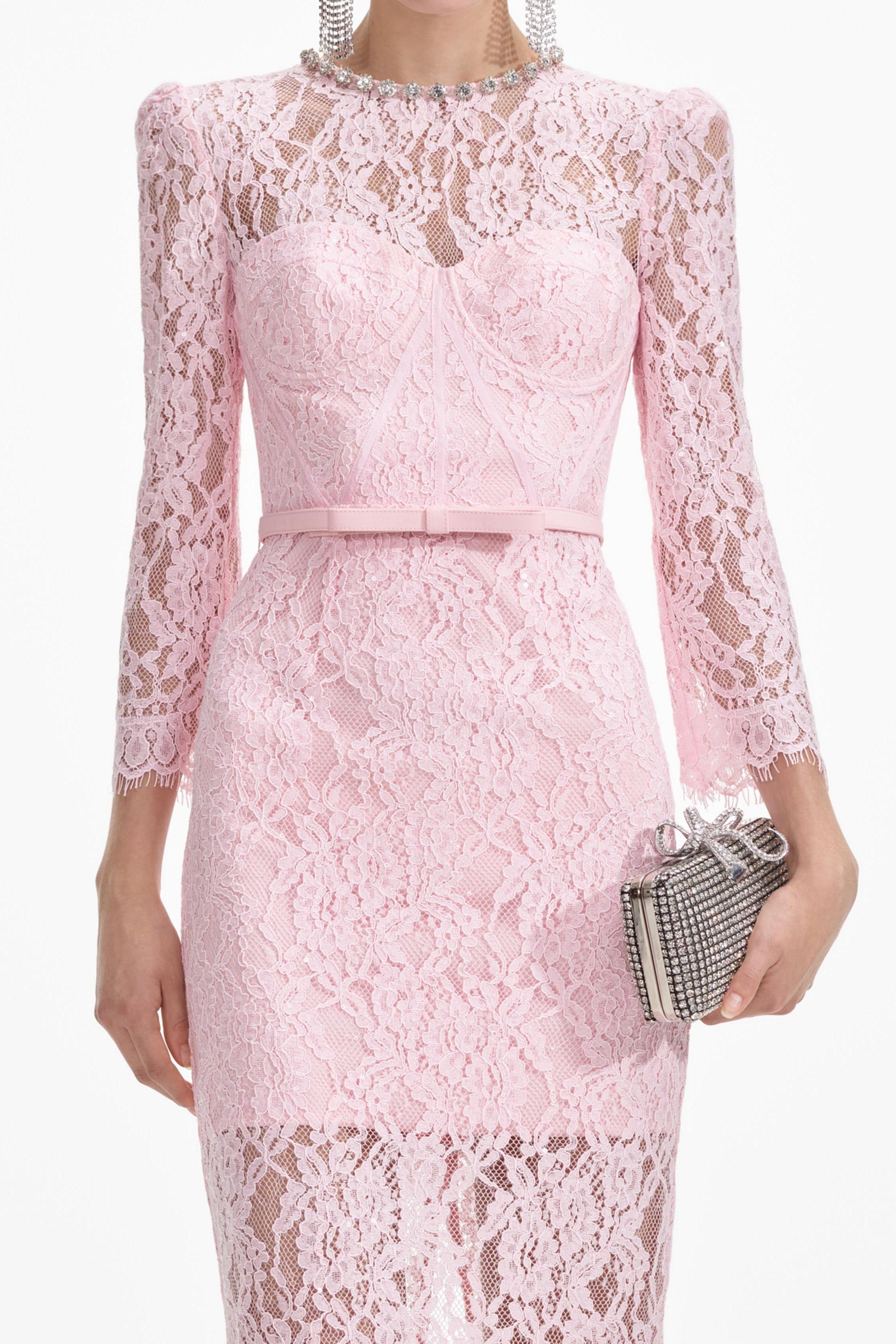 Lace Rhinestone Midi Dress With Belt