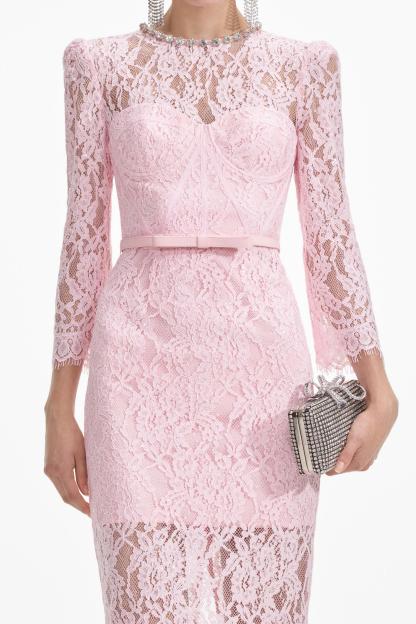 Lace Rhinestone Midi Dress With Belt
