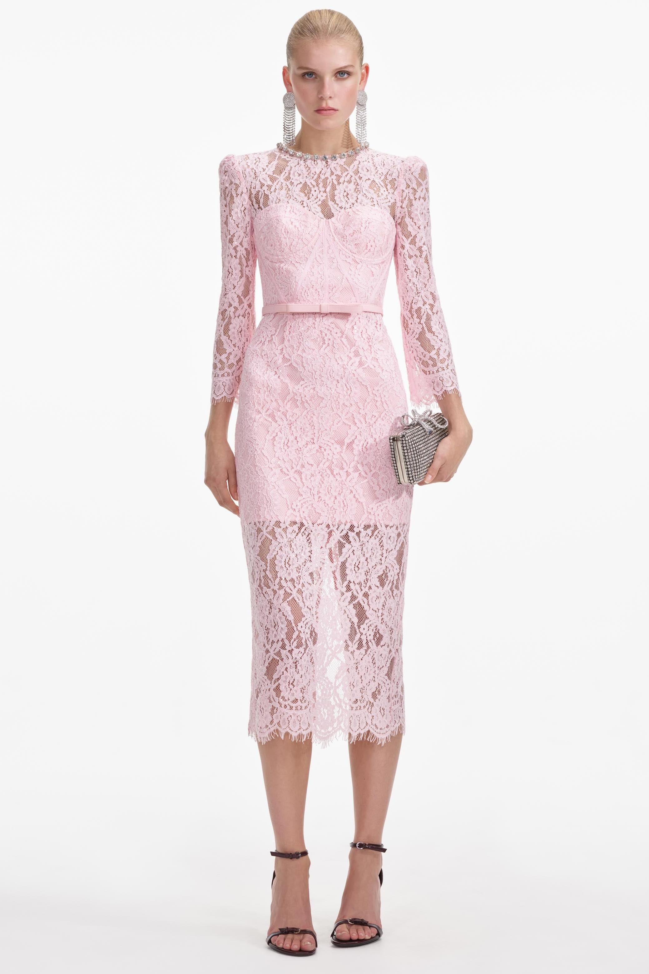 Lace Rhinestone Midi Dress With Belt